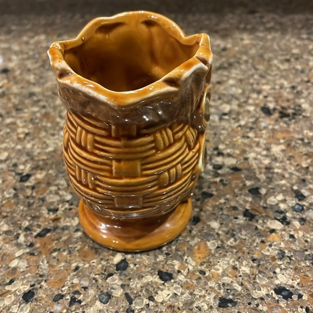 Vintage MCM Basketweave Floral Sealy Quality Japan Mini Vase Toothpick Holder